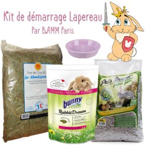 Kit de démarrage pour jeune lapin lapereau bamm paris granulés foin friandises litière